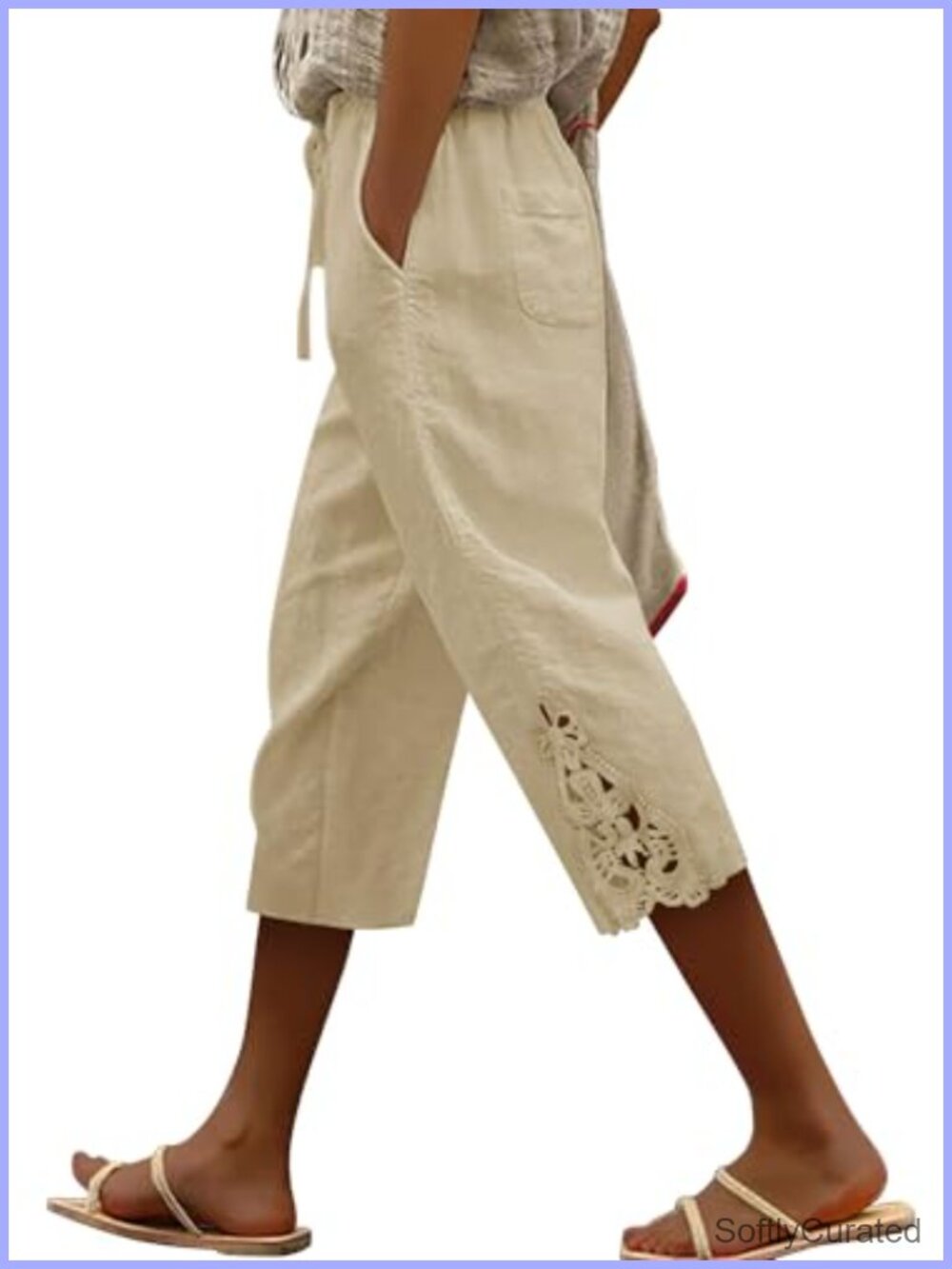 Women's Cotton Linen Capri Pants Drawstring Elastic Waist with Pockets